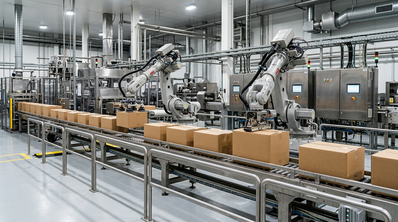 Stainless steel robotic systems on a food manufacturing line